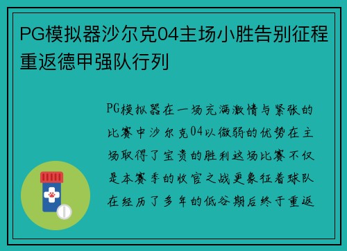 PG模拟器沙尔克04主场小胜告别征程重返德甲强队行列