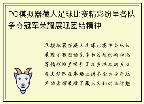 PG模拟器藏人足球比赛精彩纷呈各队争夺冠军荣耀展现团结精神