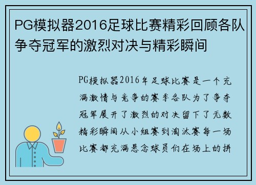 PG模拟器2016足球比赛精彩回顾各队争夺冠军的激烈对决与精彩瞬间